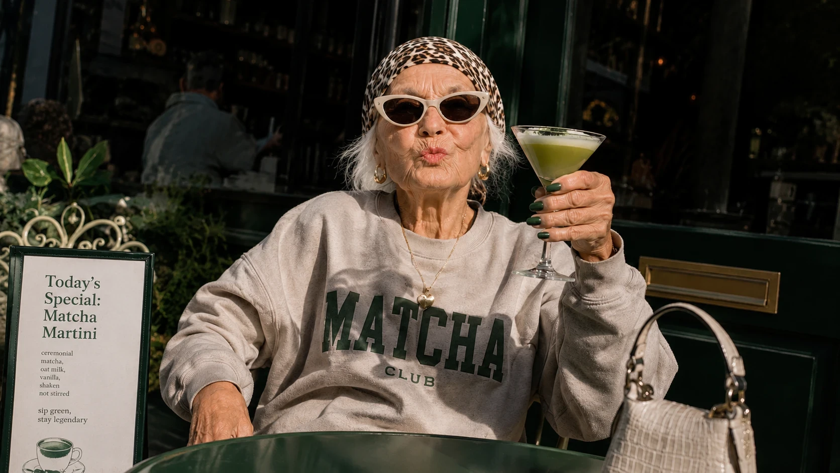 Vrouw drinkt matcha buiten bij een café